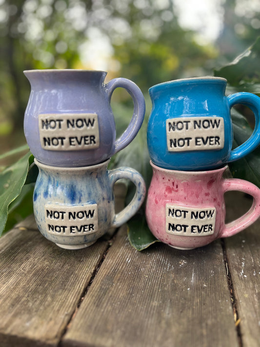 A ceramic coffee mug featuring the phrase ‘Not Now, Not Ever,’ inspired by Julia Gillard’s powerful misogyny speech, symbolizing the ongoing fight for gender equality and justice